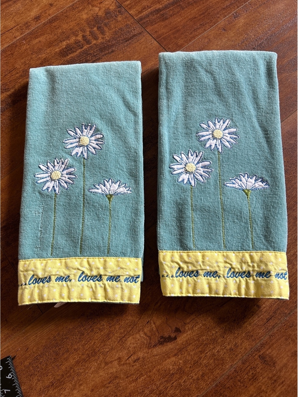 Set of 2 Green Daisy Embroidered Kitchen Towels with Yellow Trim